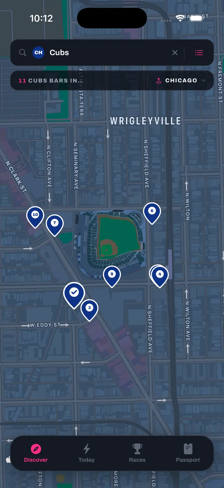 Discover map zoomed to Wrigleyville showing Cubs bars around Wrigley Field