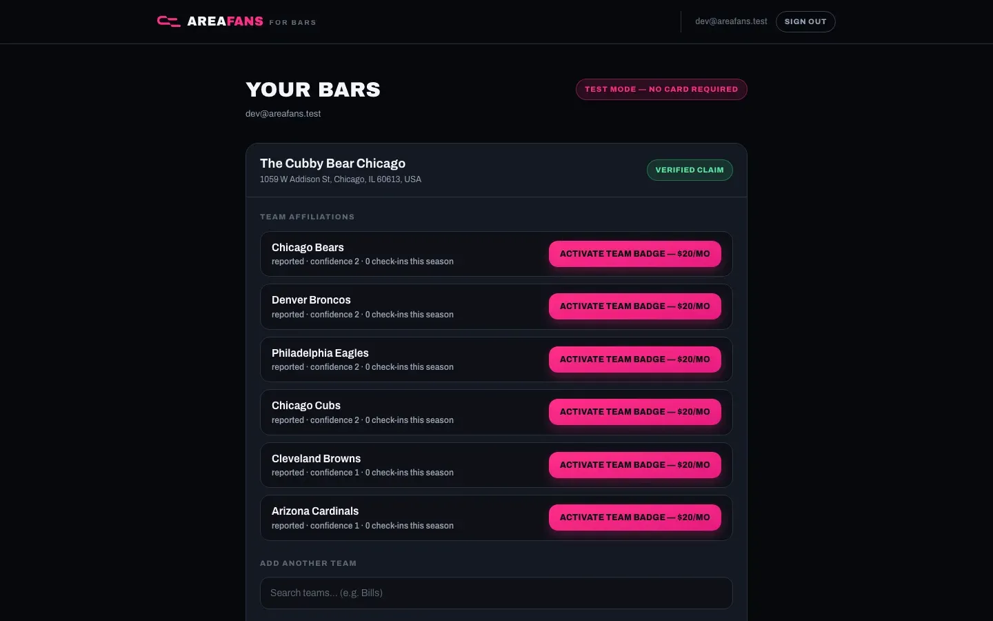 Owner dashboard showing a verified claim and team badge controls